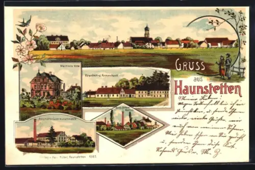 Lithographie Haunstetten, Kranken- und Armenhaus, Martinis`s Villa, Bergmüller`sche Kunstmühle, Färberei Martini