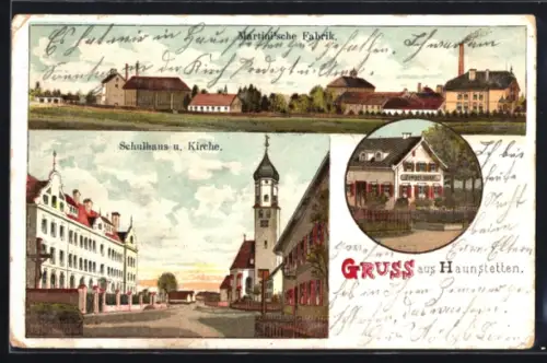 Lithographie Haunstetten, Gasthaus Ernst Lenke, Martini`sche Fabrik, Schulhaus und Kirche