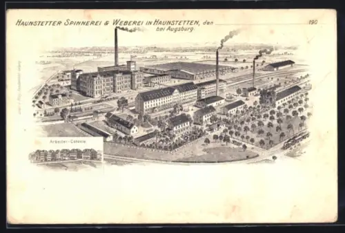 AK Haunstetten bei Augsburg, Spinnerei und Weberei in Haunstetten aus der Vogelschau