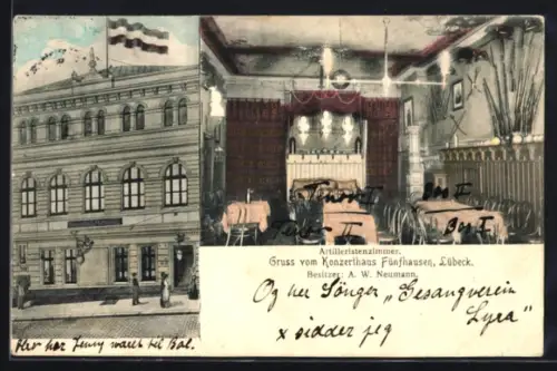 AK Lübeck, Konzerthaus Fünfhausen, Bes. A. W. Neumann, Artilleristenzimmer, Aussenansicht