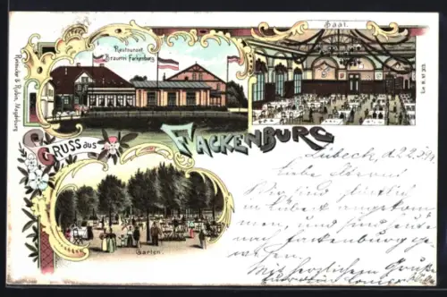 Lithographie Lübeck-Fackenburg, Restaurant und Brauerei Fackenburg, Garten, Saal