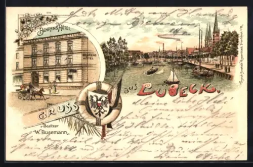 Lithographie Lübeck, Behrens Hotel, Uferpartie, Wappen