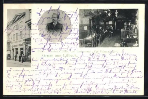 AK Lübeck, Hotel und Restaurant Zur Palmenhalle, Heinrich Hamann, Innenansicht Speiseraum