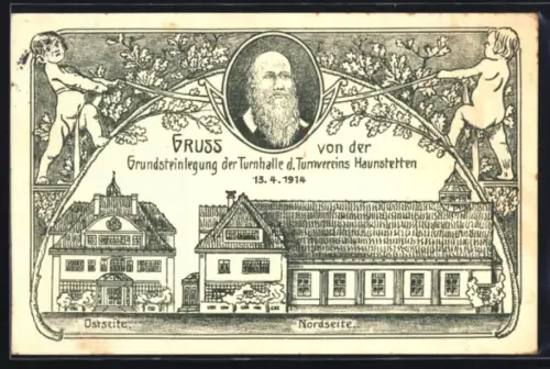 AK Haunstetten, Turnhalle des Turnvereins Haunstetten, Grundsteinlegung 1914, Ost- und Nordseite, Portrait Turnvater Jah