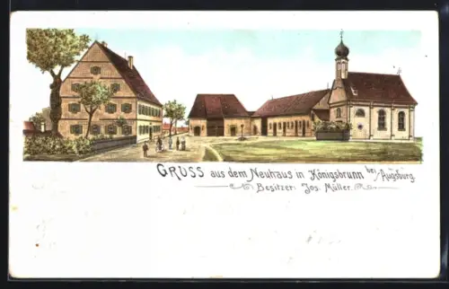 Lithographie Königsbrunn bei Augsburg, Gasthaus Neuhaus, Besitzer Jos. Müller, Ortspartie mit Kirche