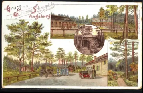 Lithographie Augsburg, Garnisons-Schiessplatz, Waldpartie, Ansicht vom Schiessplatz