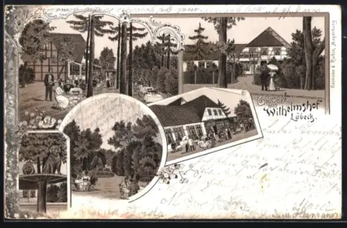 AK Lübeck, Gasthof Wilhelmshof, Aussenansicht, Partie im Garten