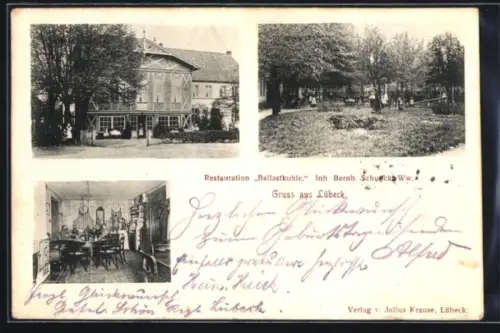 AK Lübeck, Restaurant Ballastkuhle, Inh. Bernh. Schunck Ww., Aussen- und Innenansicht