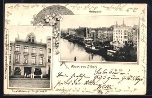AK Lübeck, Geschäftshaus Gr. Burgstrasse 37, Hafenpartie