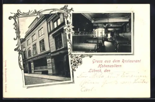 AK Lübeck, Restaurant Hohenzollern, Aussen- und Innenansicht