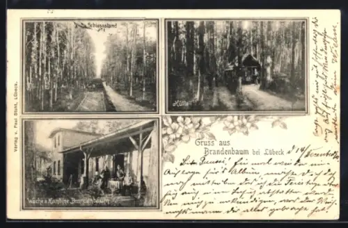 AK Lübeck, Restaurant Brandenbaum, Blick auf den Schiessstand, Hütte