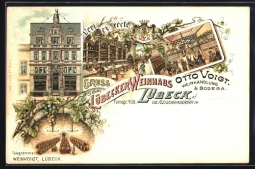 Lithographie Lübeck, Lübecker Weinhaus, Otto Voigt, Weinhandlung & Bodega, Blick in den Weinkeller