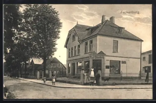 AK Fackenburg, Strassenpartie an der Kolonial- und Fettwarenhandlung von Paul Oldenburg