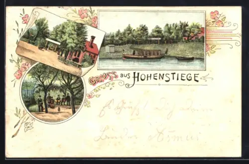 Lithographie Lübeck, Gasthof Hohenstiege, Ansicht vom Gasthaus, Bootsanleger Hohenstiege, Partie im Garten