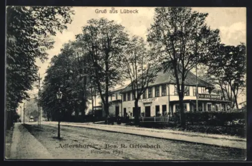 AK Lübeck, Strassenpartie am Restaurant Adlershorst, Bes. R. Griesbach