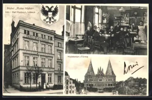 AK Lübeck, Hotel Roter Hahn, Inh. Carl Hamann, Gaststube, Holstentor-Türme