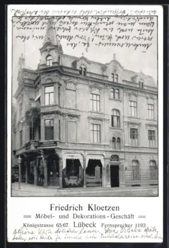 AK Lübeck, Möbel- und Dekorationsgeschäft Friedrich Kloetzen, Königstrasse 65/67