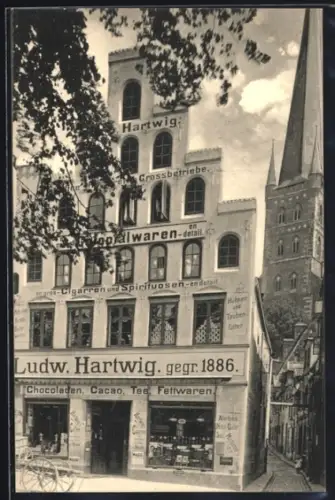 AK Lübeck, Kolonialwaren-Geschäft Ludwig Hartwig gegr. 1886