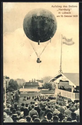AK Lübeck, Aufstieg des Ballons Hamburg am 18. Oktober 1908