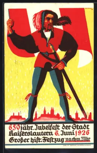 Künstler-AK Kaiserslautern, 650 jähriges Stadtjubiläum 1926, Fahnenschwenker in historischem Kostüm