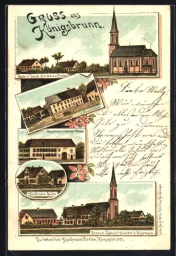 Lithographie Königsbrunn, Gasthaus z. Krone v. Müller, Aumühle, Kaufmann Brehm, Prot. u. Kath. Schule