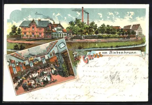 Lithographie Siebenbrunn, Gasthof von Georg Meister, Innenansicht