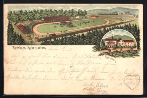 Lithographie Kaiserslautern, Pferderennbahn aus der Vogelschau, Eselsfürth