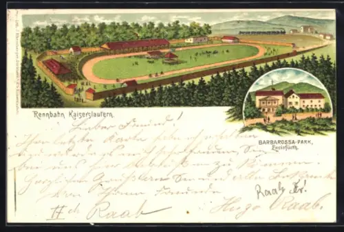 Lithographie Kaiserslautern, Pferderennbahn aus der Vogelschau, Gaststätte Barbarossa-Park, Eselsfürth