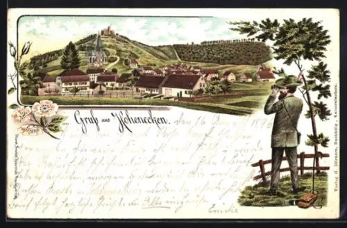 Lithographie Hohenecken, Ortsansicht mit Kirche und Burg, Jäger auf der Pirsch