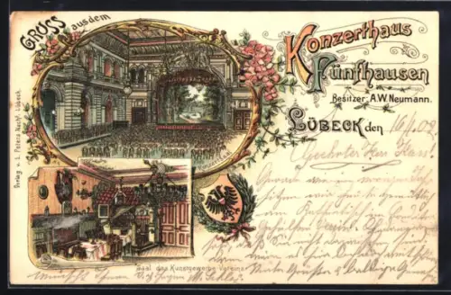 Lithographie Lübeck, Konzerthaus Fünfthausen, Innenansicht & Saal des Kunstgewerbe-Vereins