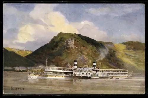 AK Raddampfer der Köln-Düsseldorfer Rheindampfschiffahrt vor der Burg Katz