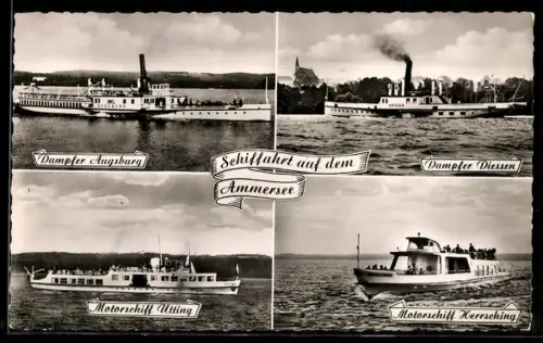 AK Passgierschiffe auf dem Ammersee, Dampfer Augsburg, Diessen, Motorschiffe Utting, Herrsching