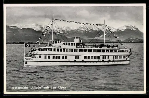 AK Motorschiff Allgäu auf dem Bodensee, im Hintergrung Bergpanorama