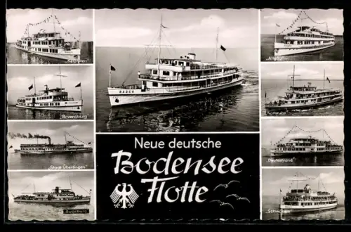 AK Neue deutsche Bodensee-Flotte, Fahrgastschiffe Karlsruhe, Schwaben, Allgäu, Stadt Überlingen, Ravensburg