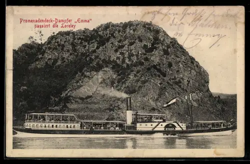 AK Promenadendeck-Dampfer Emma passiert die Loreley, Rhein
