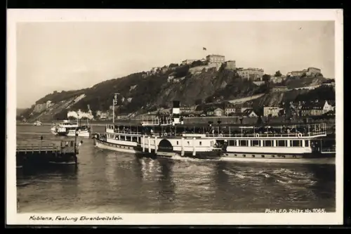 AK Koblenz, Dampfer Frauenlob auf dem Rhein mit Festung Ehrenbreitstein