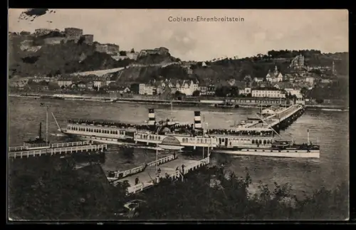 AK Coblenz-Ehrenbreitstein, Dampfer Kaiserin Auguste Victoria auf dem Rhein passiert die Schiffsbrücke