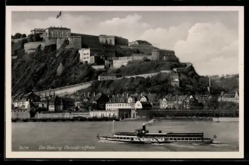 AK Raddampfer Juliana auf dem Rhein unterhalb der Festung Ehrenbreitstein
