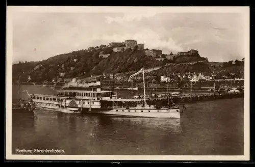 AK Raddampfer Rhein passiert die Schiffsbrücke bei der Festung Ehrenbreitstein