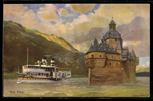 AK Raddampfer der Köln-Düsseldorfer Rheindampfschiffahrt passiert die Pfalz Kaub