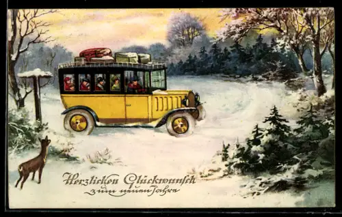 AK Autobus mit Fahrgästen in verschneiter Landschaft, Neujahrsgüsse