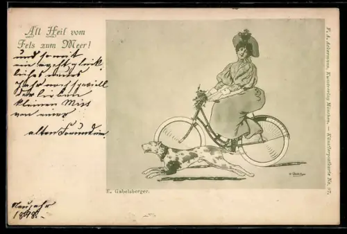 AK Junge Frau auf Fahrrad wird von Hund begleitet