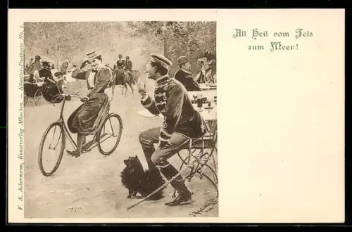 AK Junge Frau auf Fahrrad in Biergarten kokettiert mit einem Husaren