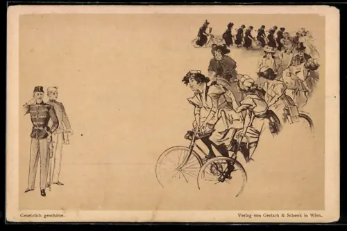 AK Gruppe von Frauen und Männern auf Fahrrädern, Husar in Uniform