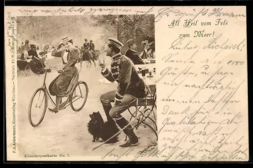 AK Junge Frau auf Fahrrad und Husar in Biergarten betrachten sich