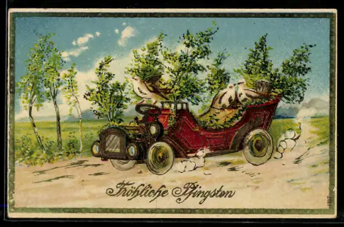 AK Vögel fahren in einem mit Blumen geschmückten Auto auf der Feldstrasse, Fröhliche Pfingsten