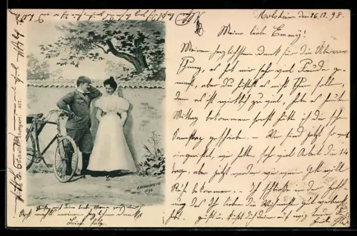 Künstler-AK Mann mit Fahrrad unterhält sich mit junger Frau