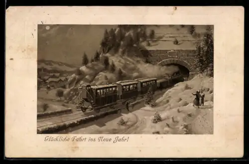 AK Personenzug in verschneiter Landschaft fährt in Tunnel ein