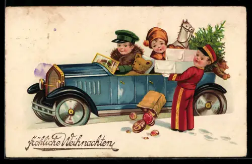 AK Kinder in einem Auto verteilen Weihnachtsgeschenke