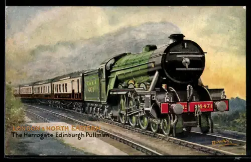 Künstler-AK The Harrogate-Edinburgh Pullman, London and North Eastern Railway, englische Eisenbahn